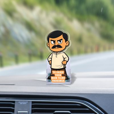 Tu Gaadi Thok Main Tujhe Thokunga Funny Cartoon Character Bobblehead Caricature with Hindi Quote, Idol for Car Dashboard & Tabletop Solar Powered Moving Head Office Desk Decor Showpiece Funny Gift